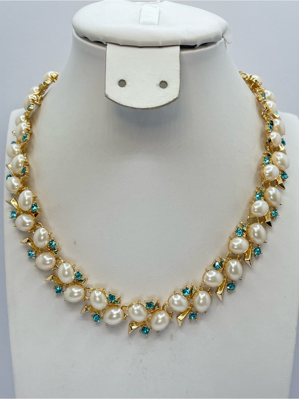 Gold Faux Pearl Turquoise Blue Crystal Statement Necklace Elegant Station